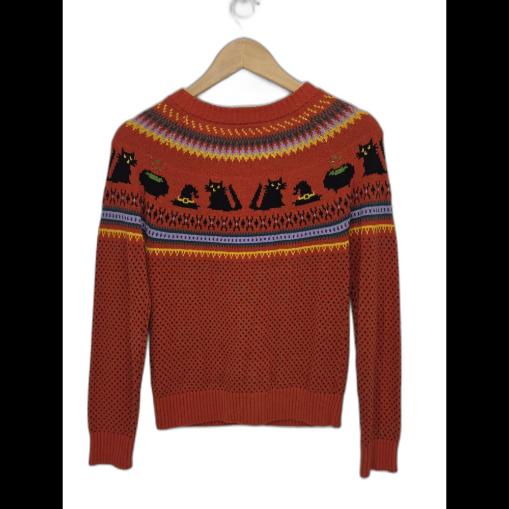 ModCloth Witchs Candy Cardigan Womens Small Orange Black Cat Halloween Fair Isle - Picture 2 of 4